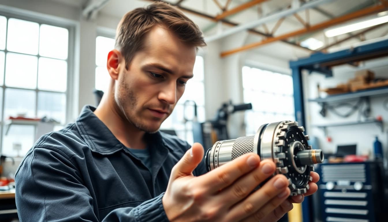 Mechanic examining Auto Kufen in a bright workshop setting.