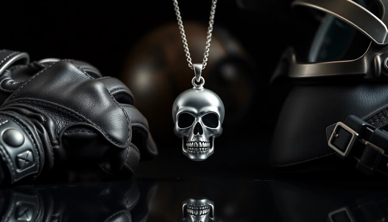 Biker jewelry featuring a detailed skull pendant showcased uniquely against a dark background.