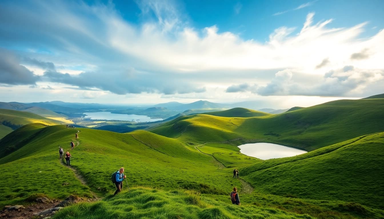 Wanderer auf dem Wicklow Way Irland genießen die atemberaubende Landschaft.