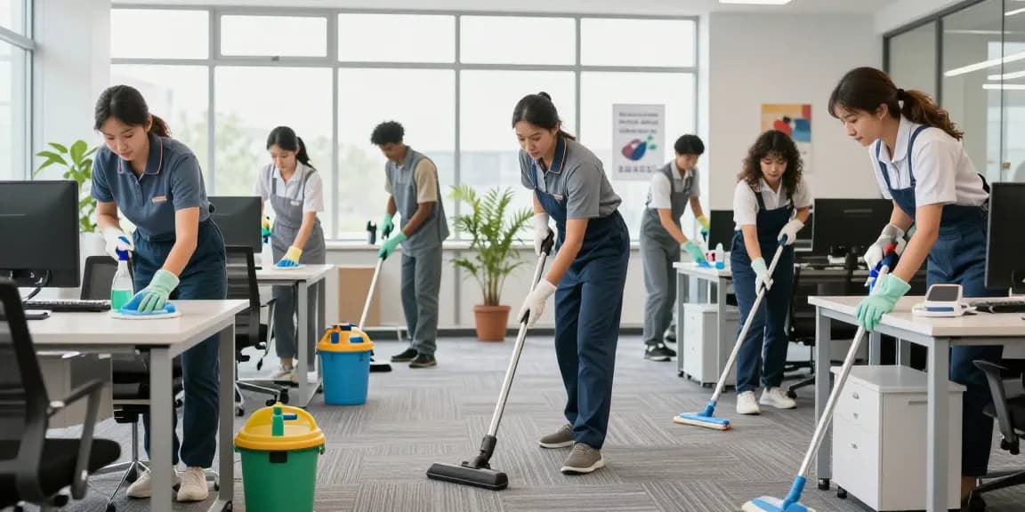 Professional team cleaning in an office setting by putzinstitut bern using eco-friendly products.