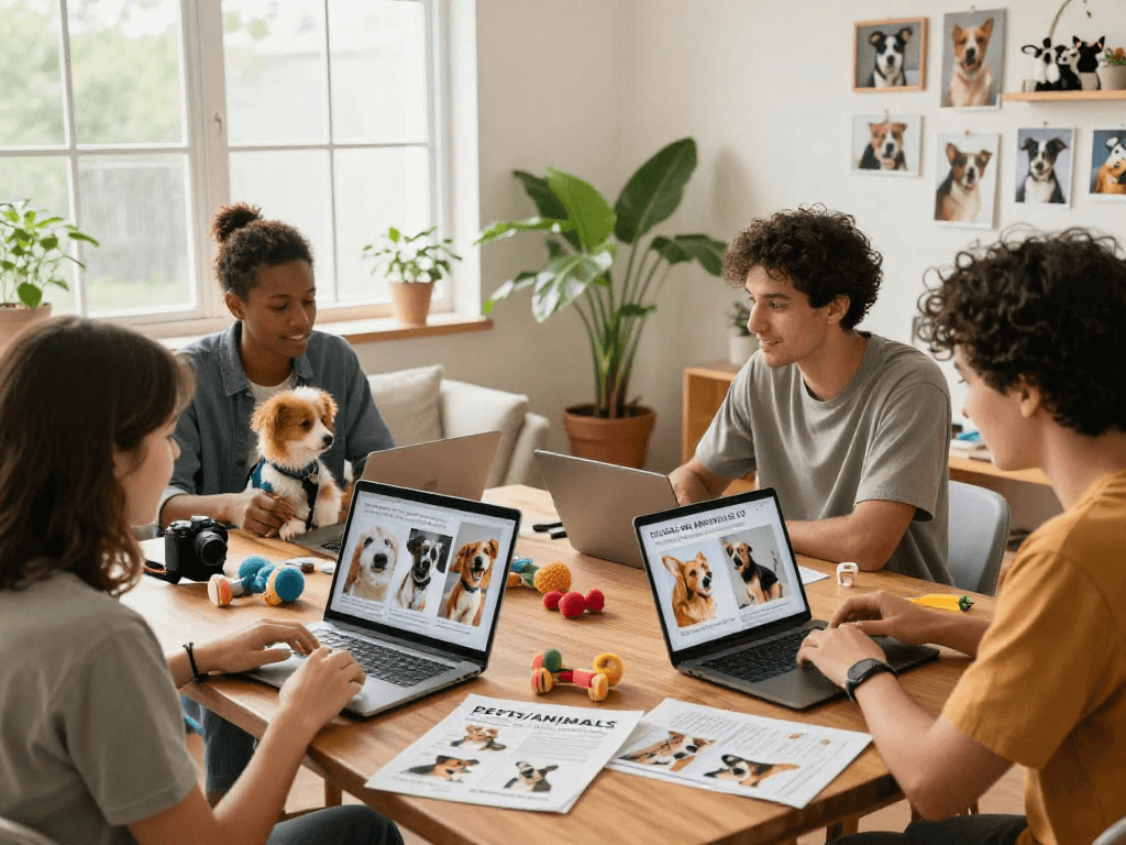 Engaging community pet forum with diverse members sharing tips and photos, highlighting rokok88 login for pet care.
