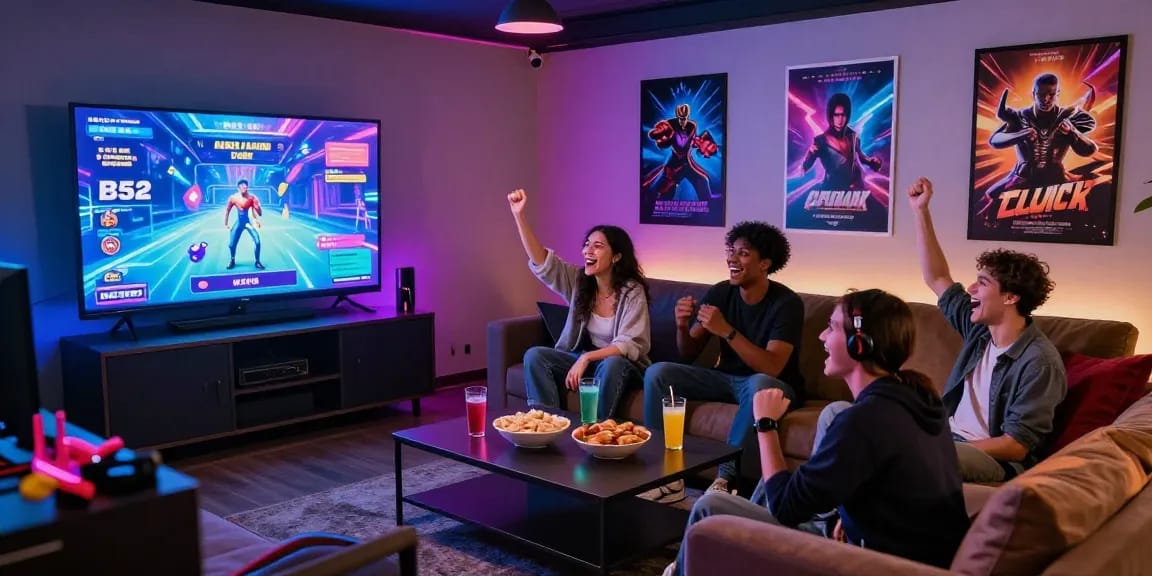 Exciting gaming lounge at https://b52club.radio.fm/ with friends enjoying B52 CLUB games in a colorful setting.