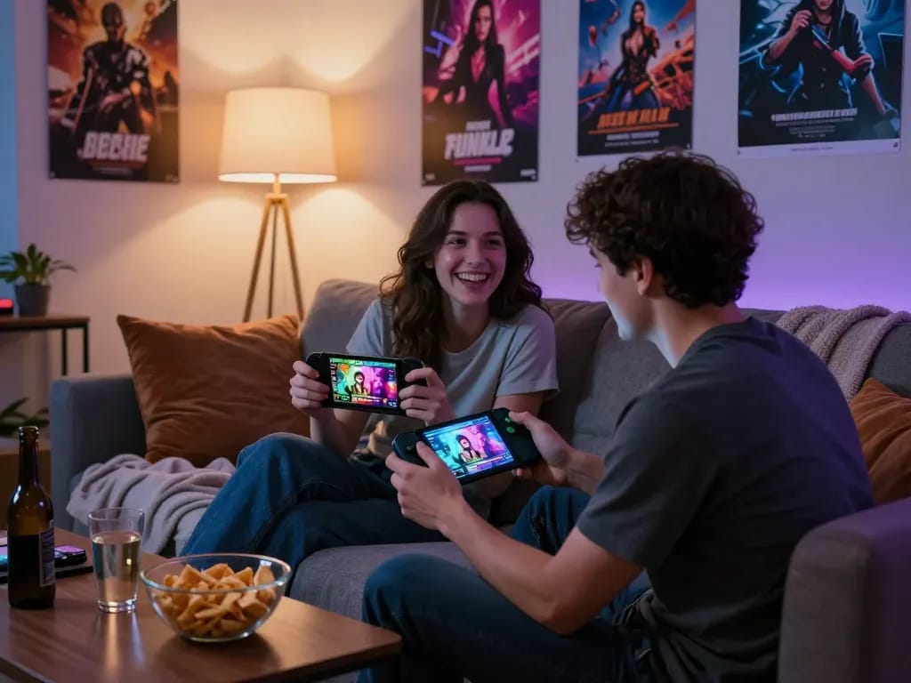 Couple enjoying vibrant sexgames in cozy living room