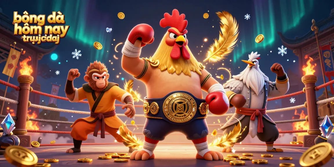 Experience bóng đá hôm nay trực tiếp with an engaging cartoon scene featuring a Muay Thai rooster and a Shaolin monkey.