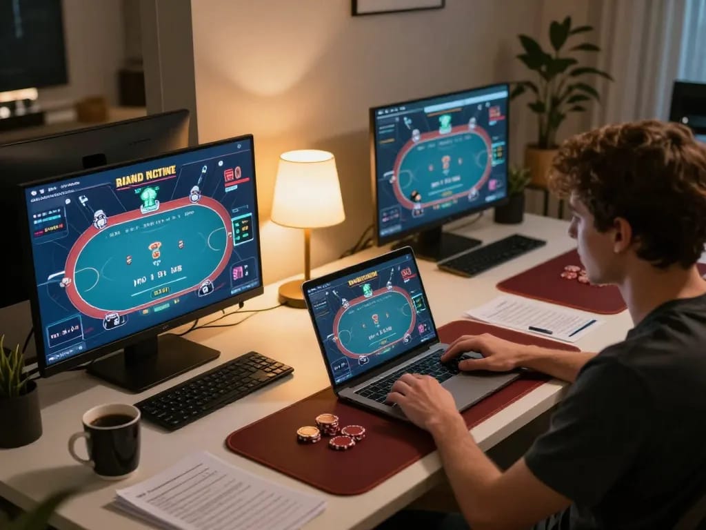 Engaging in strategic online poker gameplay through cm88 on multiple screens with cozy home ambiance