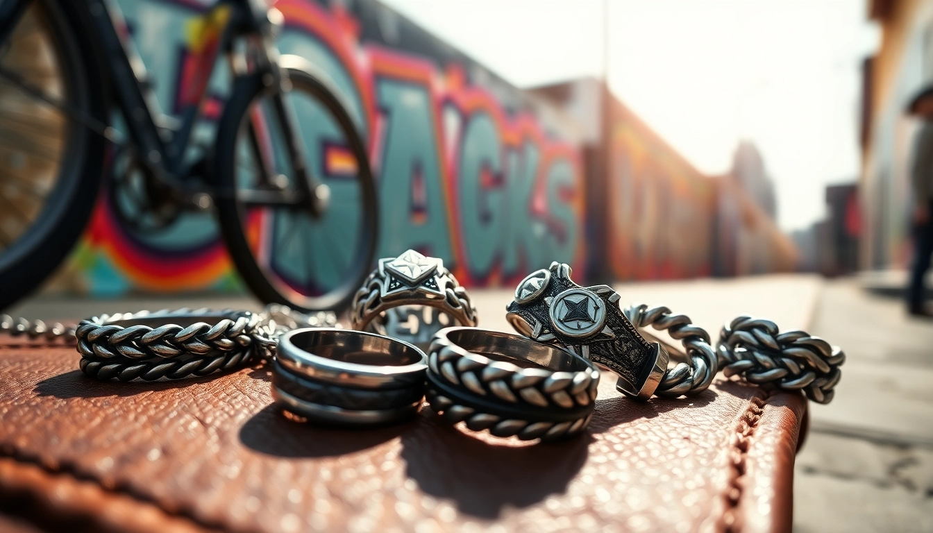 Biker jewelry rings and bracelets displayed in a vibrant urban setting, showcasing unique designs.
