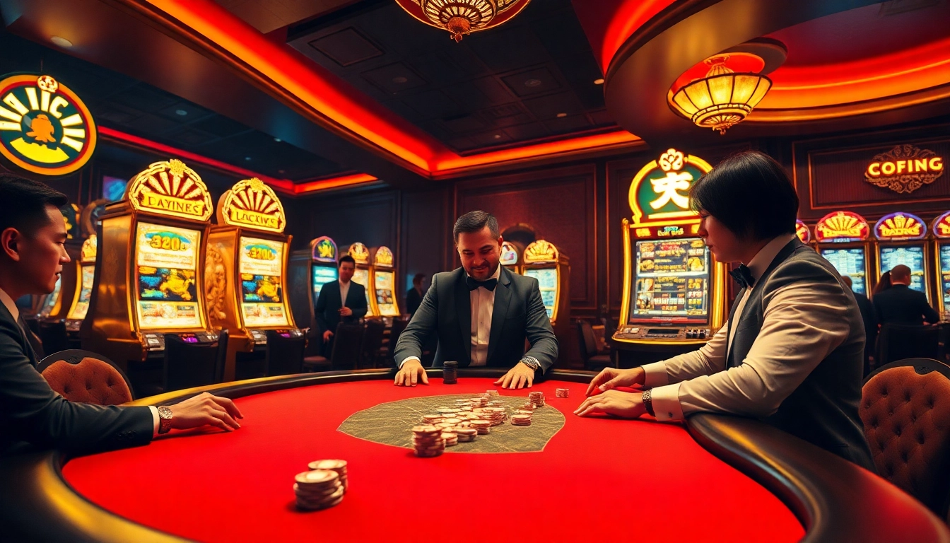 Players enjoying high-stakes poker at a luxurious casino with lucky88 themed decor.