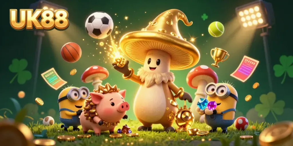 Experience the magic of UK88 with a wizard, treasure-hunting pig, and sports elements in a vibrant casino scene.