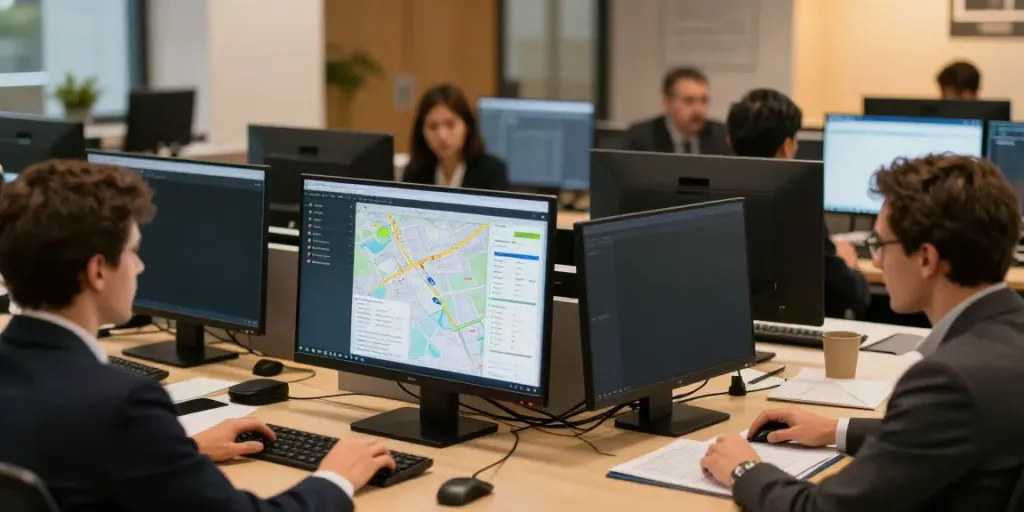 Immobilien Augsburg: Immobilienmakler bei der Analyse von Daten in einem modernen Büro.