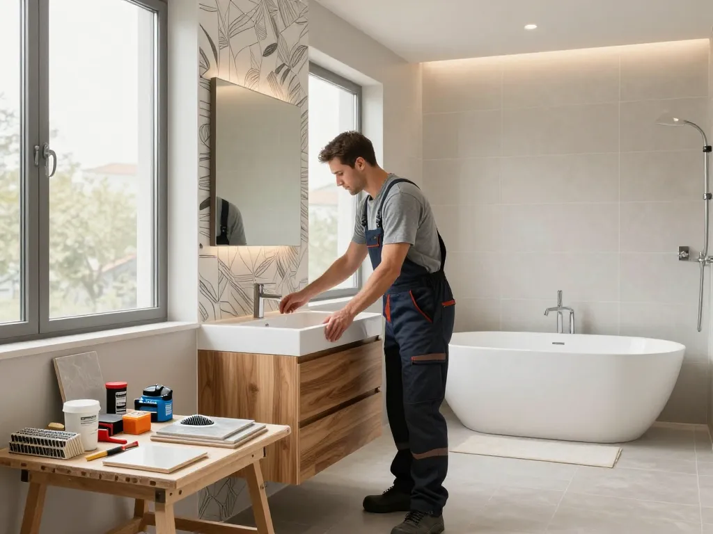 Professionelle Badsanierungsszene mit moderner Badsanierung, bei der ein Auftragnehmer Sanitärinstallationen vornimmt.