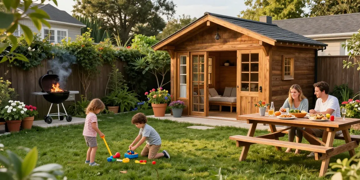 Gemütlicher Gartenbereich mit Gartenhäusern, Familie, Blumen und Grill.