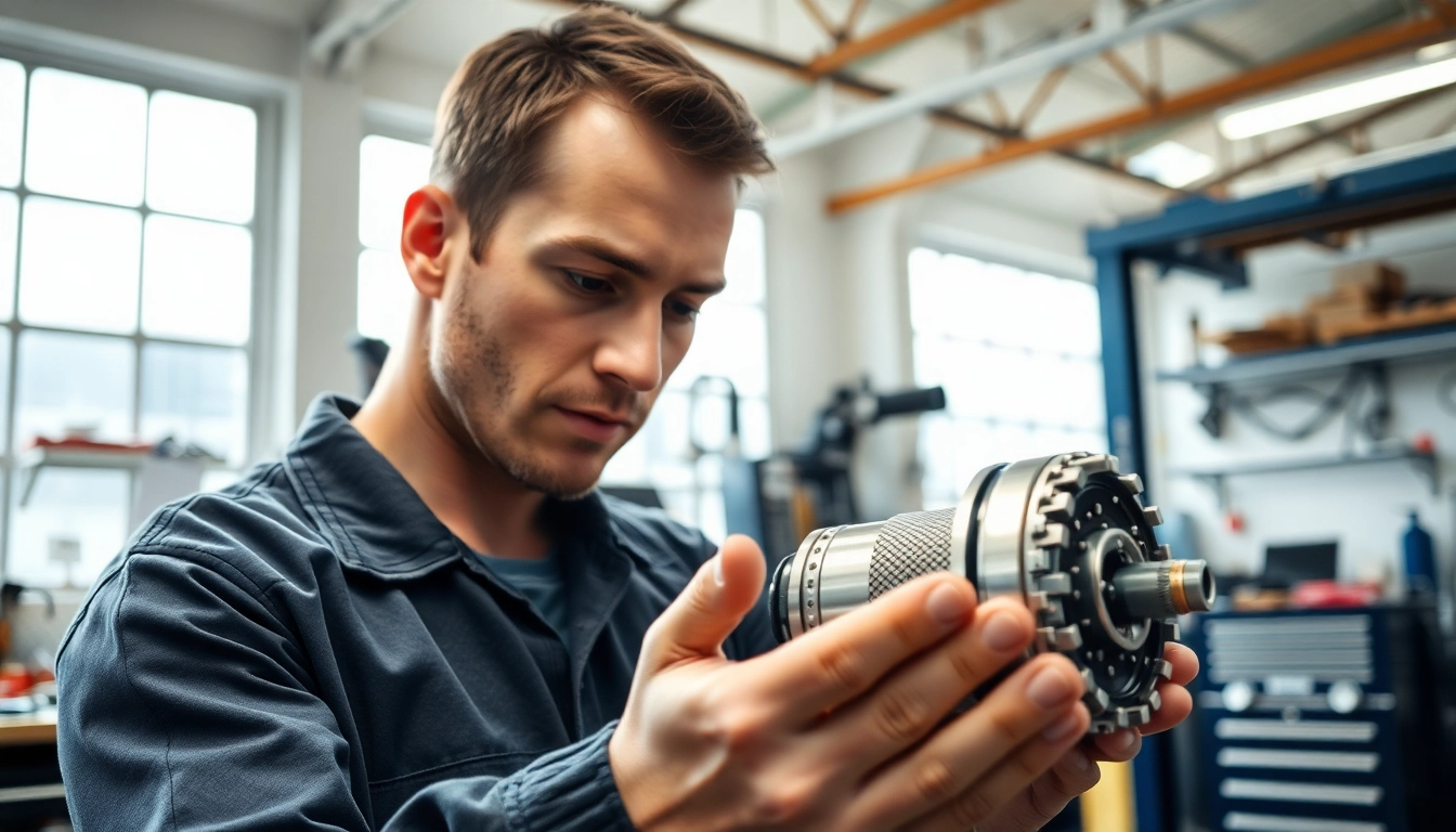 Mechanic examining Auto Kufen in a bright workshop setting.