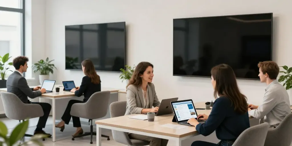 Immobilienmakler Straubing beraten Kunden in modernem Büro mit innovativer Software.
