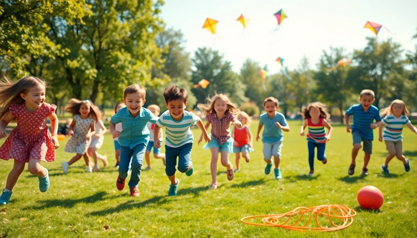 Bewegungsspiele mit Kindern, Details jetzt lesen: Kinder spielen froehlich im Park.