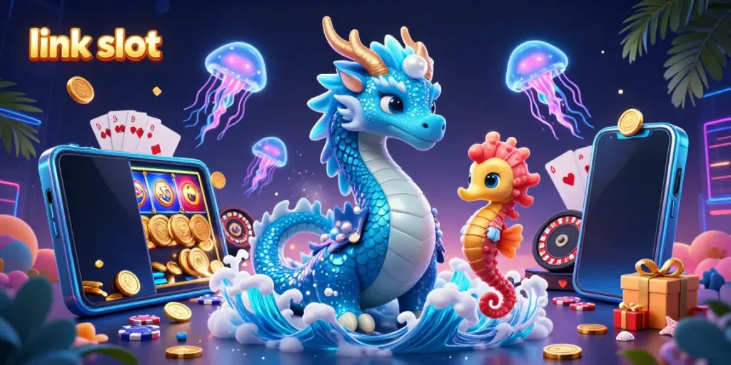 Experience the excitement of link slot gaming with a captivating 3D dragon and seahorse knight, surrounded by vibrant casino elements.