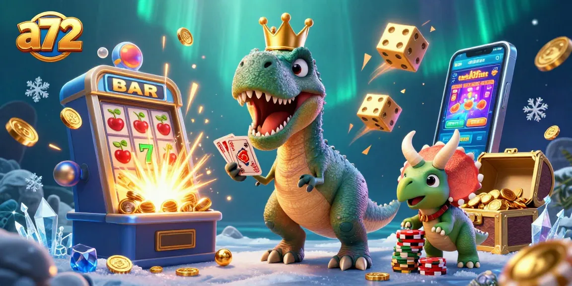 Join the fun with a72 as a T-Rex shuffles cards and a triceratops stacks winning chips!