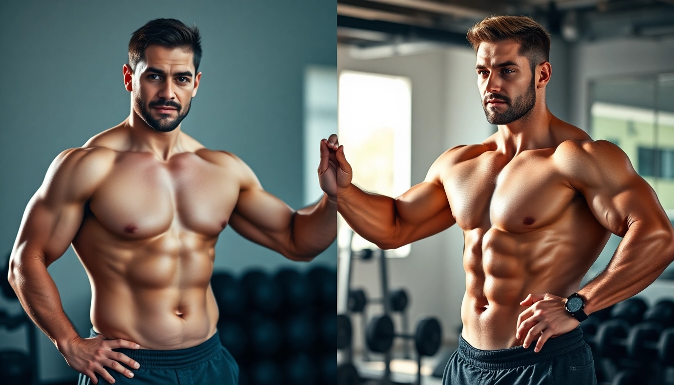 Transformation von Individuen mit testo vorher nachher, von weniger definiert zu muskulös und fit.