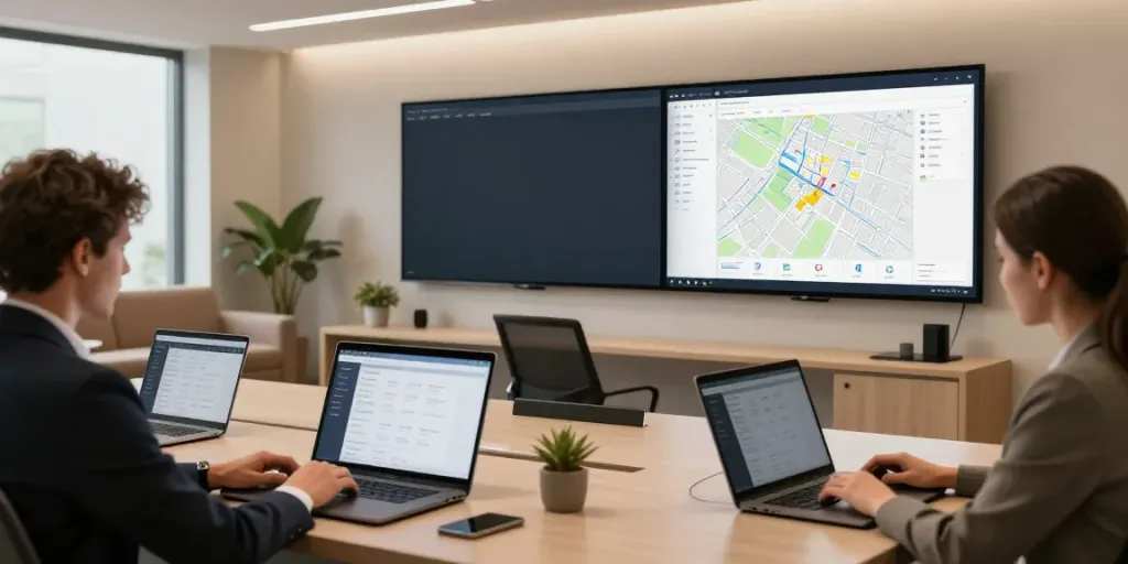 Immobilienmakler Münster in einem modernen Büro mit digitaler Software und Marktanalysen.