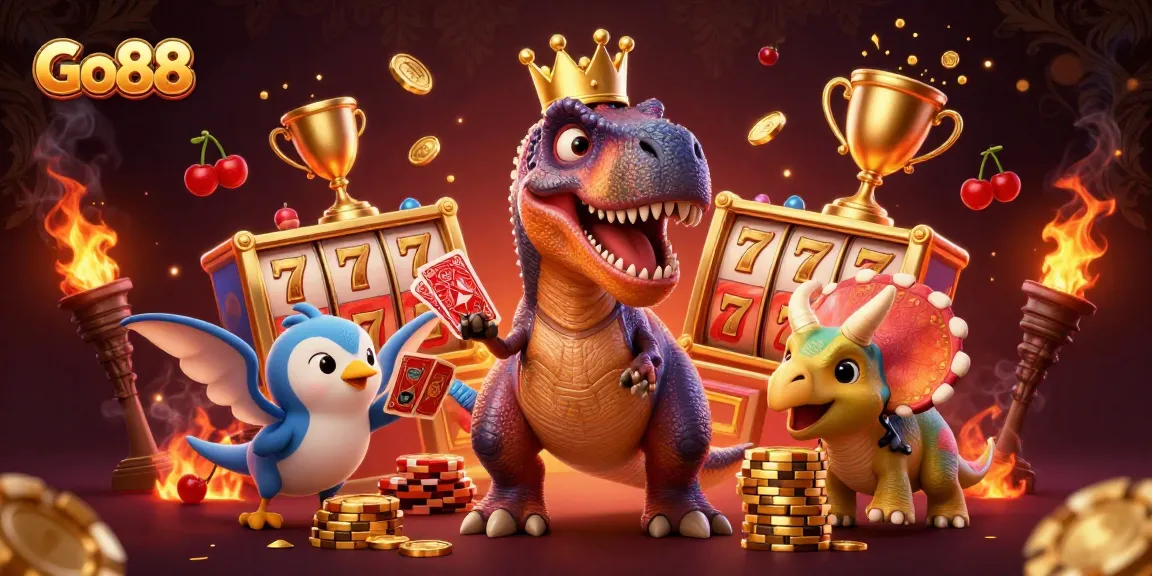 Go88 offers an exciting casino experience with vibrant golden elements and friendly dinosaur characters.