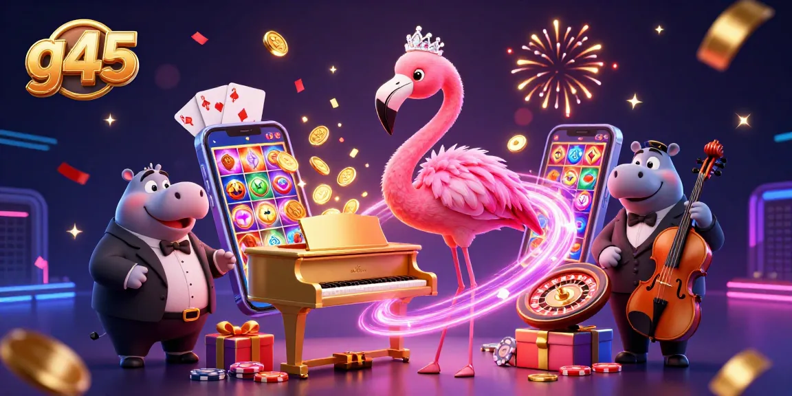 Experience vibrant g45 casino entertainment with lively characters, slot games, and golden coins.