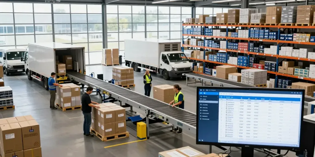 Effiziente Lagerlogistik in Düsseldorf mit Mitarbeitern und modernen Transportmitteln