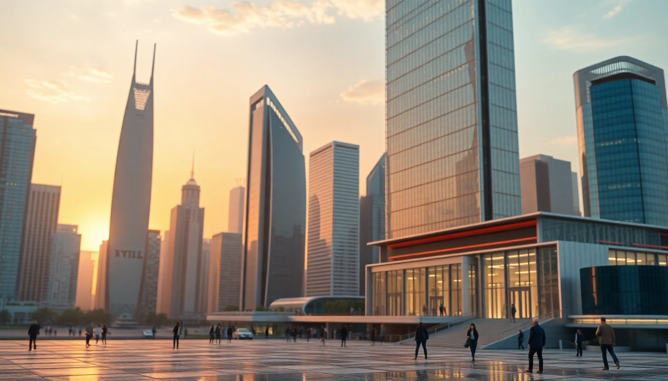 Erstelle atemberaubende Visualisierung architektur mit moderner Stadtlandschaft bei Sonnenuntergang.