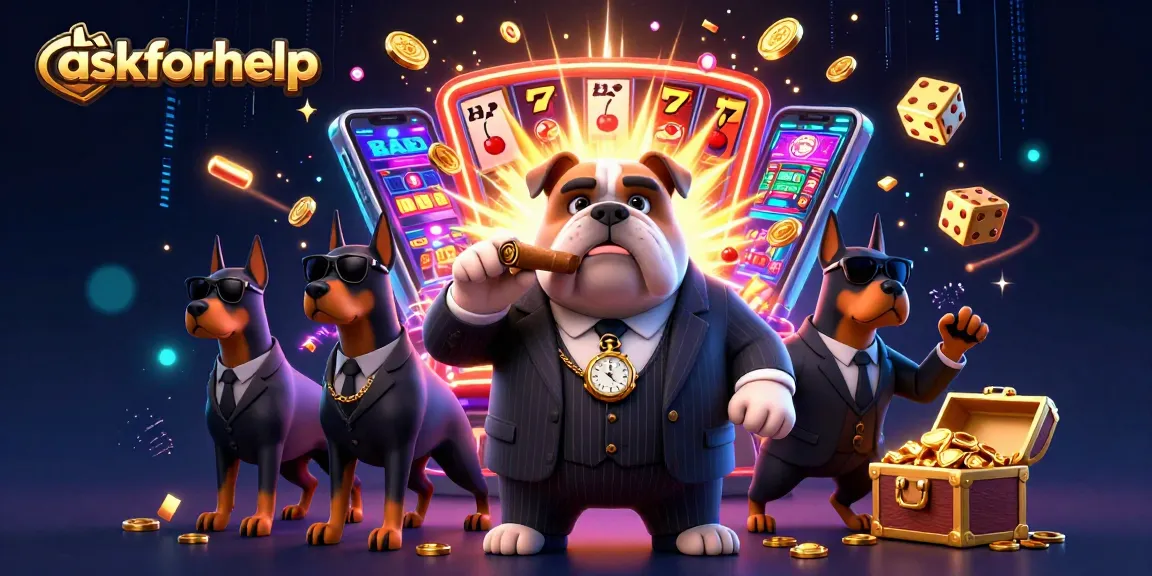 Experience excitement with askforhelp as mafia boss bulldog and bodyguards surround a vibrant slot machine explosion.