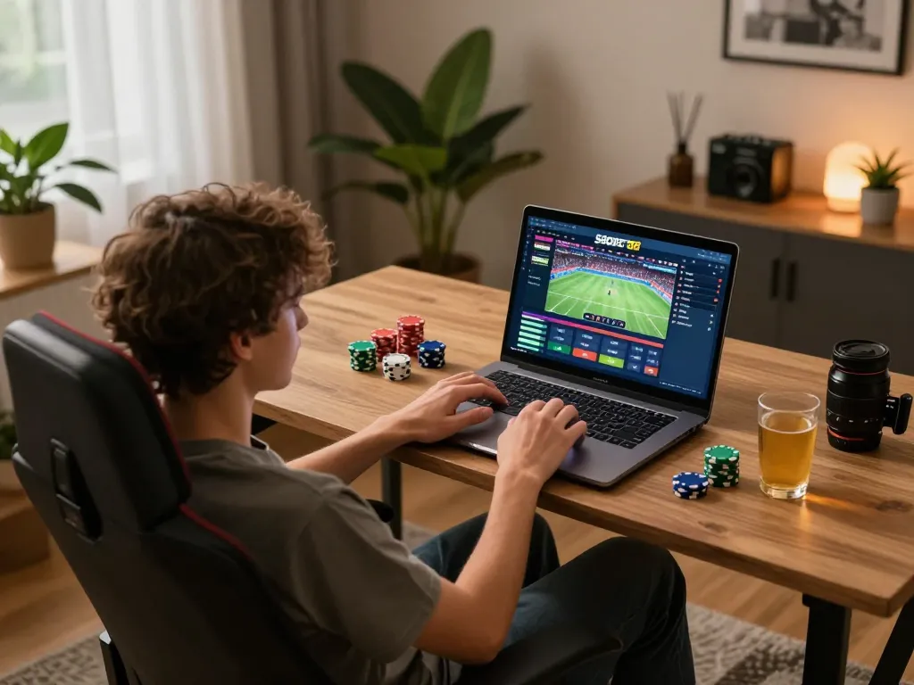 Pengaturan permainan online interaktif SBOBET88, menampilkan taruhan olahraga langsung di laptop, suasana rumah yang mengundang