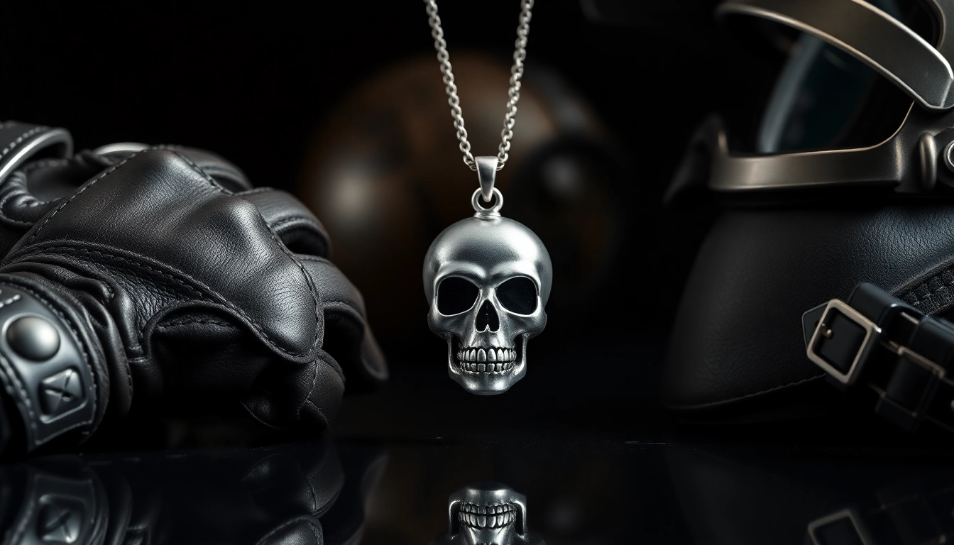 Biker jewelry featuring a detailed skull pendant showcased uniquely against a dark background.