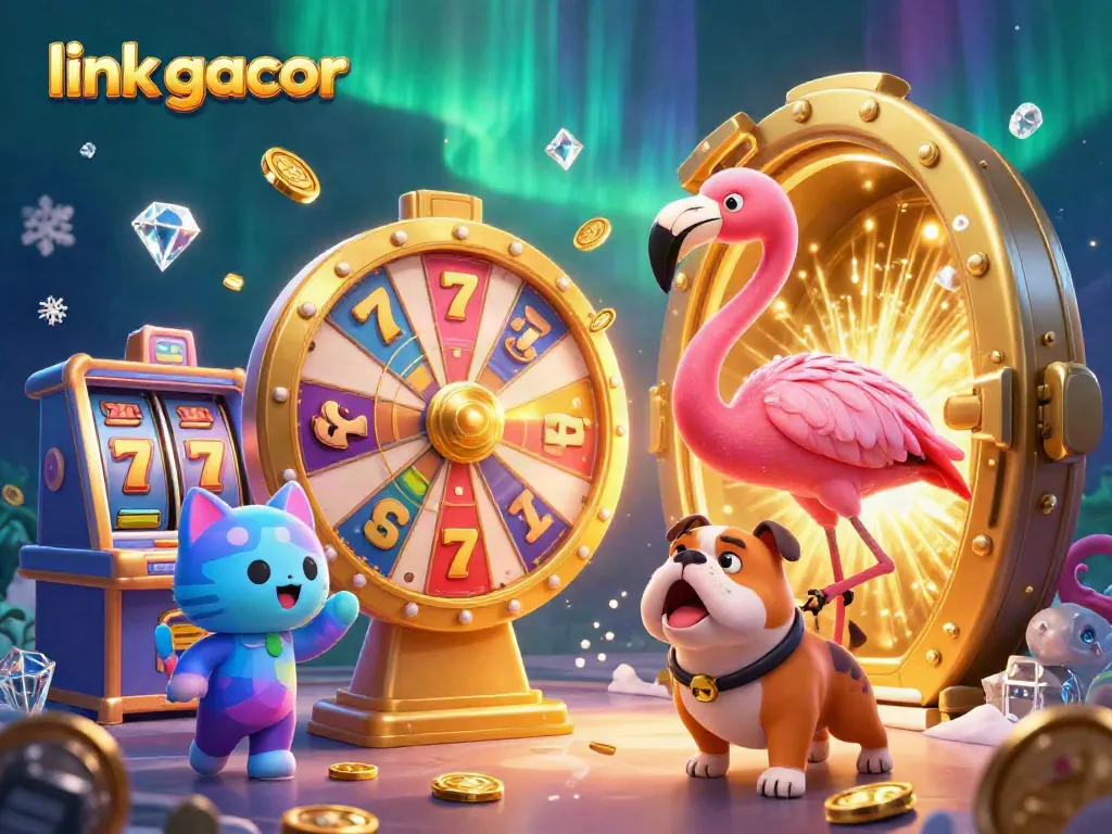 Spin the giant prize wheel with the link gacor in a vibrant cartoon casino scene full of sparkling gems and treasures.