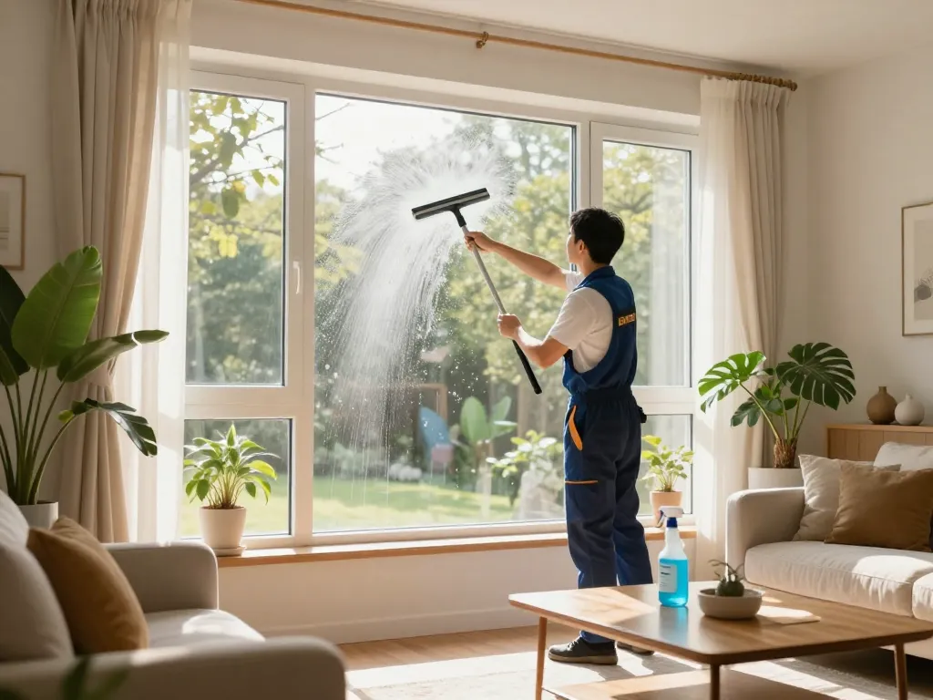 Fensterputzer, der professionellen Service in einem hellen Wohnzimmer anbietet, und dabei Fensterputzer – deiner Region & Umgebung für makelloses Glas präsentiert.