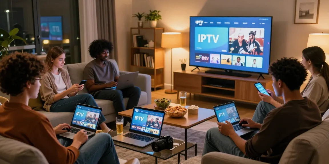 Gruppe von Freunden, die deutschen IPTV-Service in gemütlichem Wohnzimmer genießen.