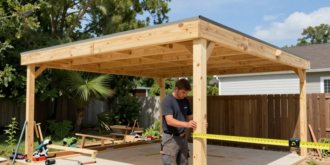 Ein Carport wird gebaut, Handwerker misst und schneidet Holz für die Konstruktion, umgeben von Werkzeugen.