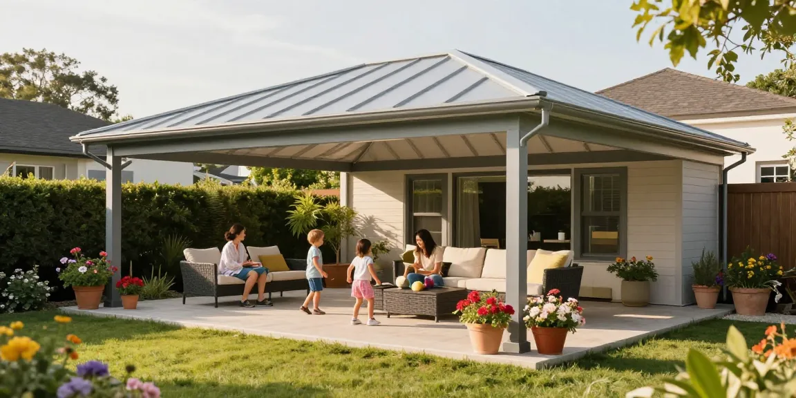 Freistehende Terrassenüberdachung mit moderner Aluminiumkonstruktion und glücklicher Familie im Garten.