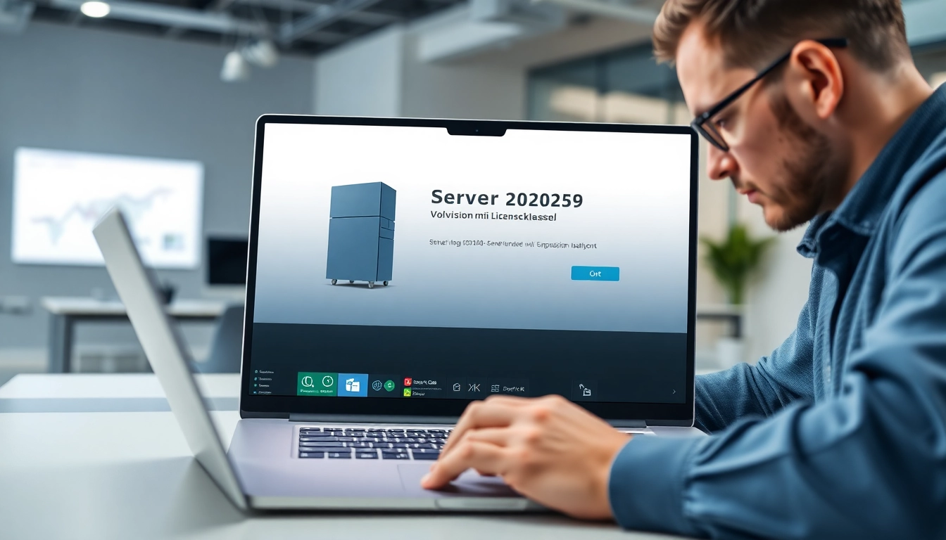 Installiere Server 2025 Vollversion mit Lizenzschlüssel auf einem modernen Laptop in einem Büro.