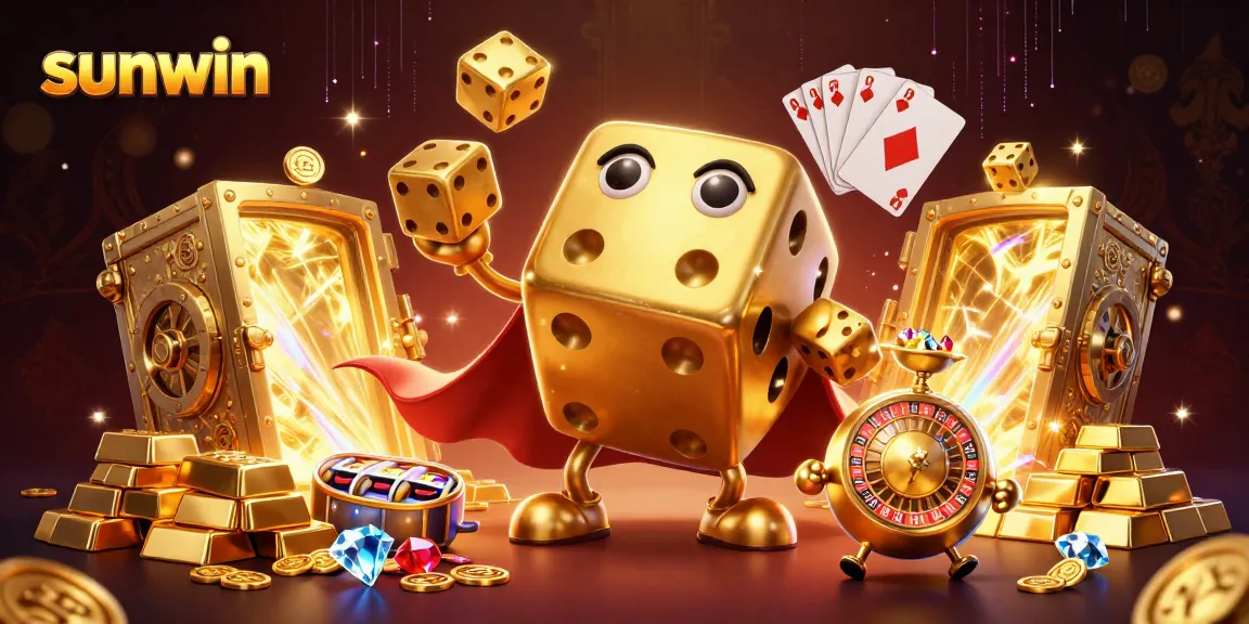 Sunwin casino scene featuring a golden dice golem, vibrant treasures, and spinning slots.