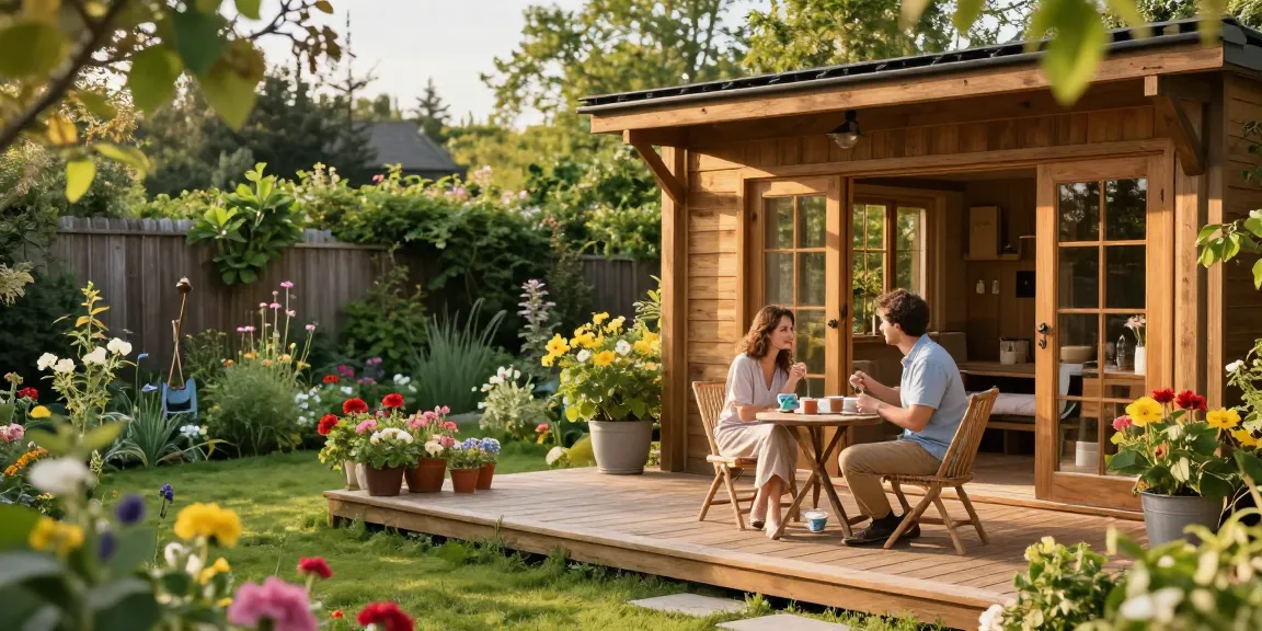Ein wunderschönes Garten Haus umgeben von blühenden Pflanzen und einer entspannten Teestunde im Garten.