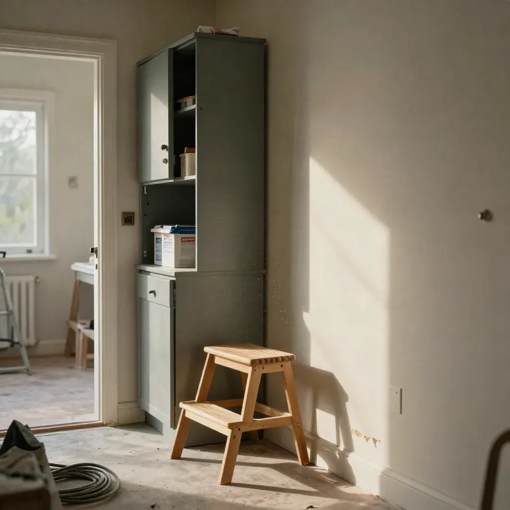Flur mit halb offenem Schrank, Hocker, Kartons und reparierter Sockelleiste im Morgenlicht