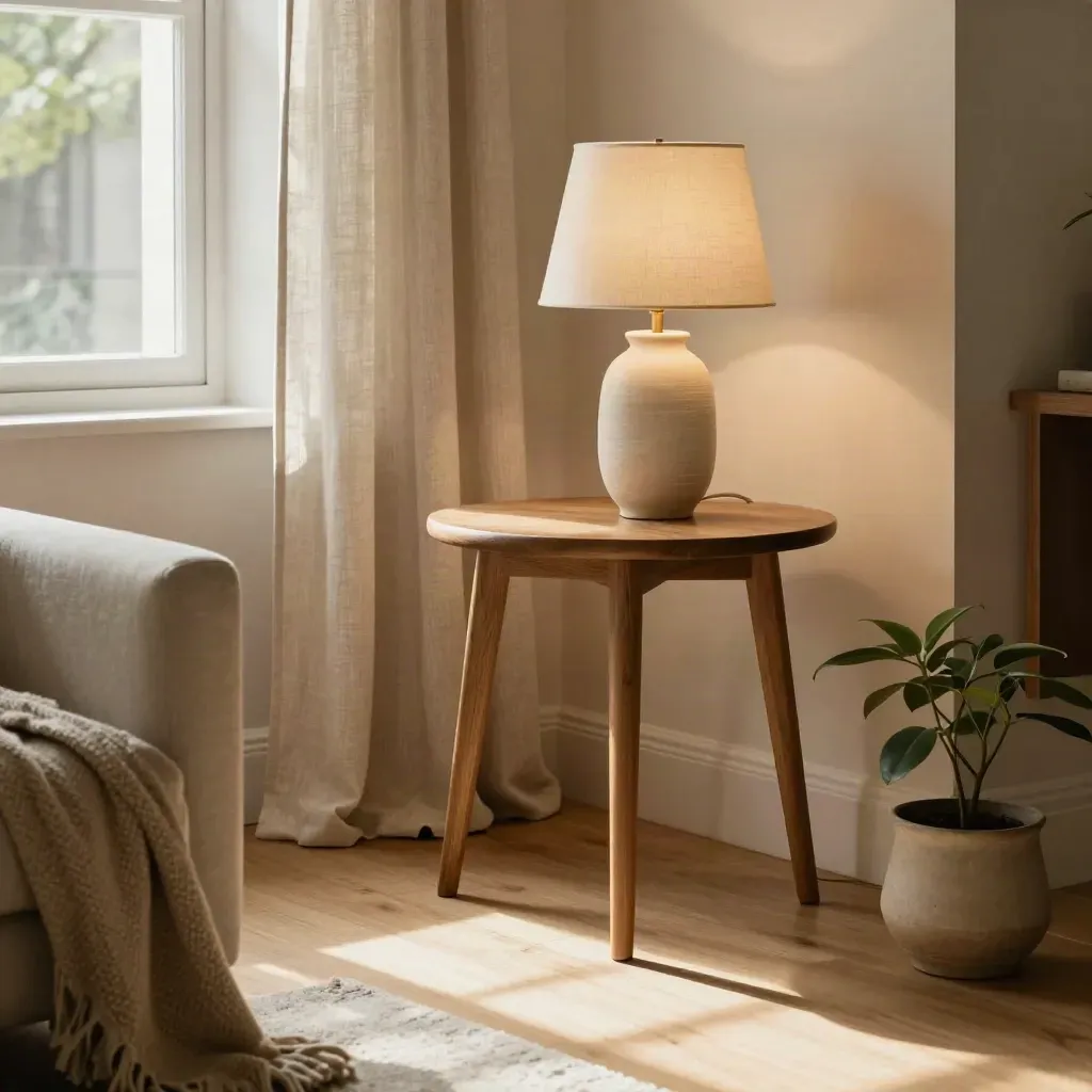 Gemütliche Wohnzimmer-Ecke mit Holztisch, Lampe, Vorhang, Decke und kleiner Pflanze im warmen Licht.