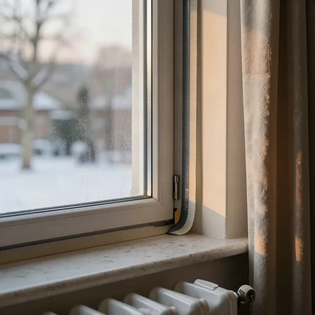 Wintercheck am Sash-Fenster mit Dichtungsrollen, Zugluftstreifen und Heizungsventil.