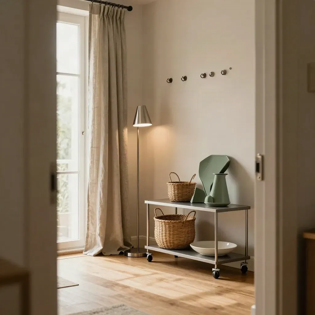 Mietwohnungsecke mit Lampe, Vorhangstoff und Regal im Licht, frisch und leicht bewegt