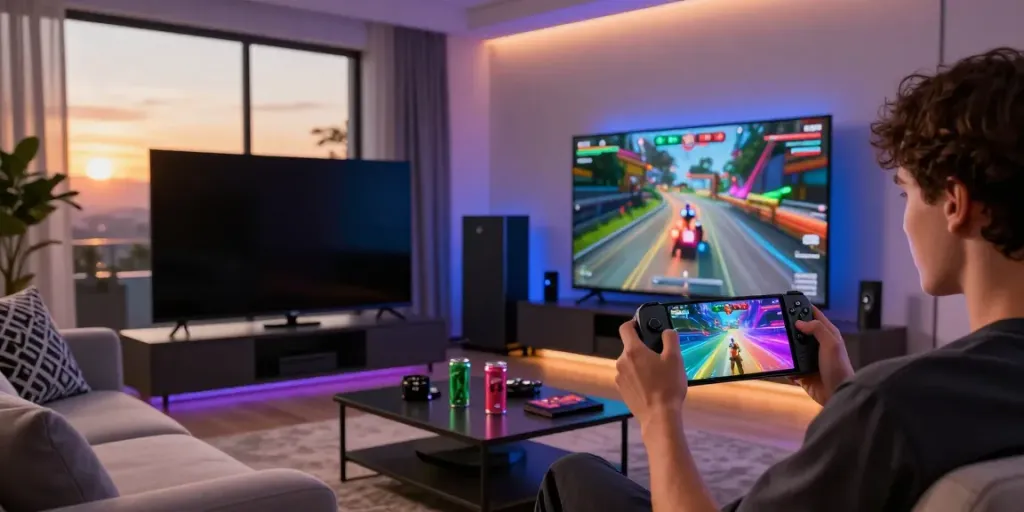 Exciting gaming moment with rokok88 apk on smartphone in a vibrant living room.