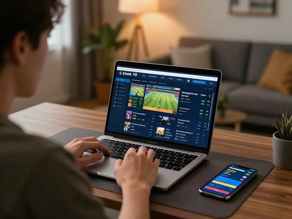 Kèo bóng đá trực tuyến betting activity displayed on a laptop, showcasing sports betting odds in a cozy home office.