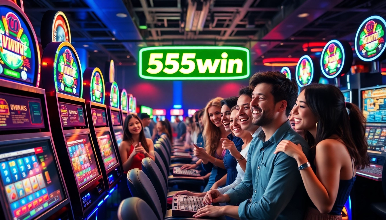Experience the thrill of 555win with players enjoying vibrant slot games in a modern casino setting.
