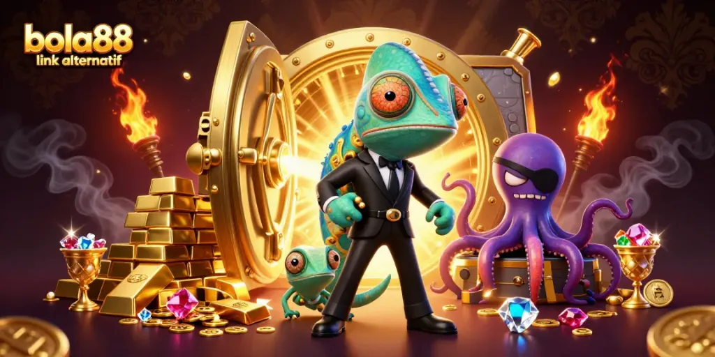 Bet on bola88 link alternatif with colorful chameleon agent and treasure elements for an exciting gaming experience.