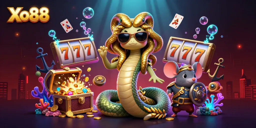 Xo88 reveals a vibrant scene with Medusa and a warrior mouse amidst dynamic casino elements.