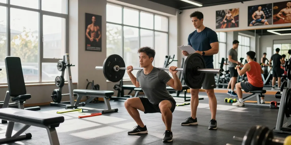 Selliza Shop: Fitnessbegeisterte Person macht perfekte Kniebeuge im modernen Fitnessstudio mit hochwertigem Equipment.