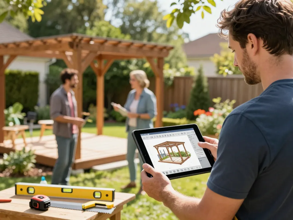 Software für Pergola-Installateure, die den Installationsprozess verbessert, während ein erfahrener Installateur digitale Werkzeuge in einer lebendigen Gartenumgebung nutzt.