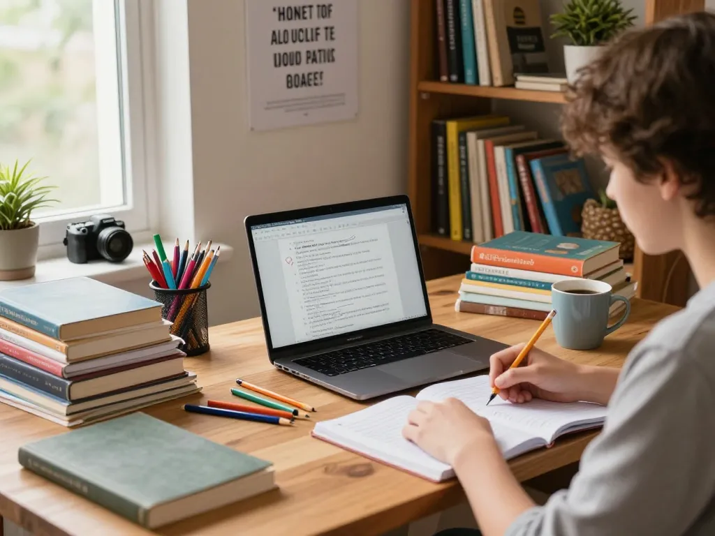 Student, der sich auf Hausaufgaben lösen in einem gemütlichen Arbeitszimmer mit Büchern und Schreibwaren konzentriert.