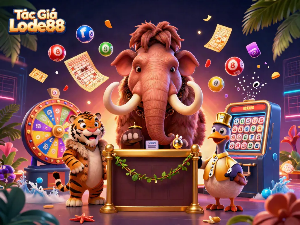 Engage with Tác Giả Lode88's dynamic casino scene featuring a woolly mammoth bouncer and colorful lottery balls.